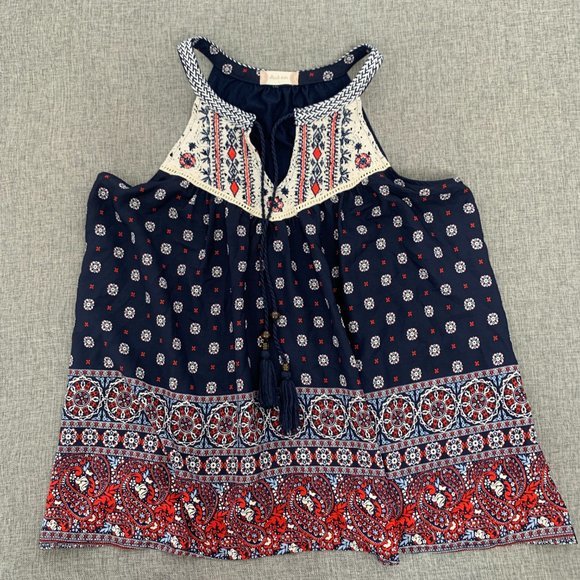 Altar'd State Boho Blouse Asymmetrical Sleeveless Top Paisley Print Tassel Front - Picture 6 of 14